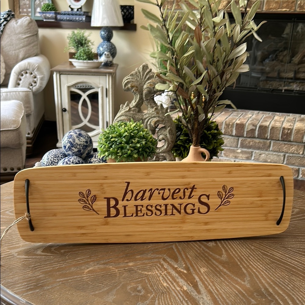 NEW! LARGE Fall Autumn Harvest Blessings Bamboo Charcuterie Tray Metal Handle